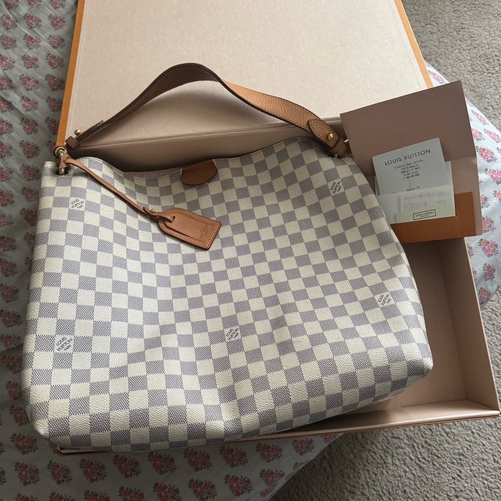 Louis Vuitton White and Tan Shoulder Bag with Damier Azur Canvas